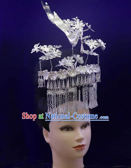 Chinese Miao Ethnic Stage Performance Headwear Quality Minority Nationality Bride Argent Phoenix Coronet Hair Crown Hairpins Full Set