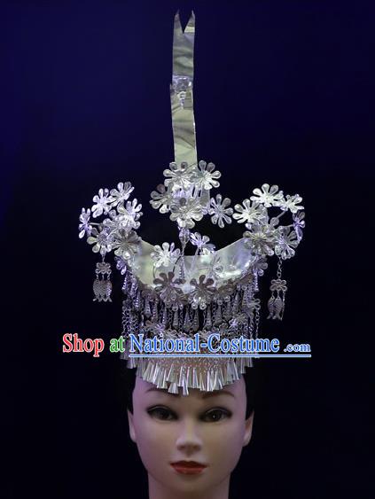 Chinese Miao Ethnic Stage Performance Headwear Quality Minority Nationality Bride Argent Phoenix Coronet Hair Crown Hairpins Full Set