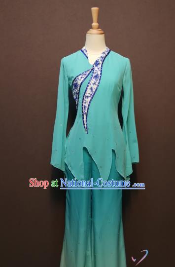 China Folk Dance Costumes Fan Dance Dress Spring Festival Gala Blue Blouse and Pants Outfits