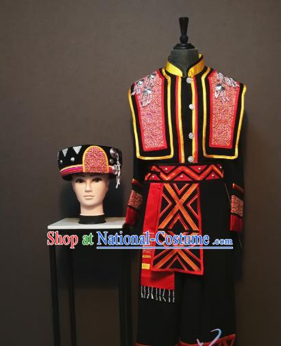 China Traditional Guizhou Miao Nationality Costumes Xiangxi Ethnic Folk Dance Clothing Minority Men Black Vest Shirt Pants and Headdress