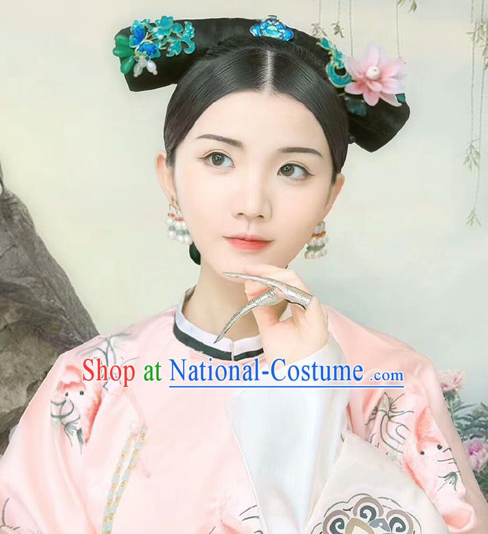 Chinese Qing Dynasty Imperial Consort Shun Costumes Traditional Ancient Manchu Women Embroidered Dress and Headdress Full Set