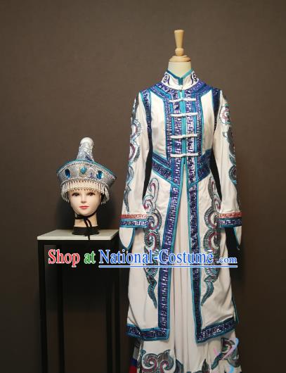 Custom China Mongol Ethnic Clothing Traditional Minority Folk Dance Costumes Mongolian Nationality Women White Dress and Hat