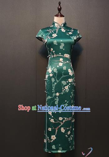 Republic of China Plum Blossom Pattern Green Silk Cheongsam Drama Performance Classical Dance Clothing Shanghai Qipao Dress