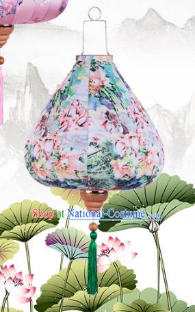 Handmade Chinese Printing Flowers Light Green Palace Lanterns Traditional New Year Lantern Classical Festival Cloth Lamp