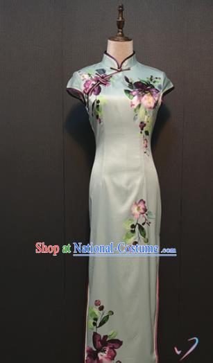 Custom Printing Flowers Light Green Silk Cheongsam Drama Performance Clothing Republic of China Women Classical Qipao Dress