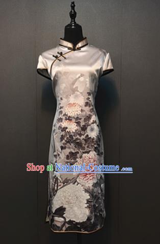 China Custom Shanghai Cheongsam Republic of China Traditional Mother Costume Classical Printing Peony Grey Silk Qipao Dress