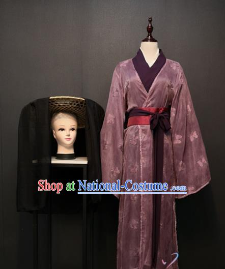 Chinese Song Dynasty Female Swordsman Clothing Traditional Stage Performance Purple Dress Ancient Women Costume and Bamboo Hat