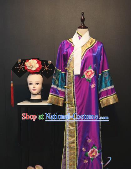 Chinese Qing Dynasty Imperial Consort Clothing Ancient Manchu Women Costume Traditional Stage Performance Purple Dress and Headwear