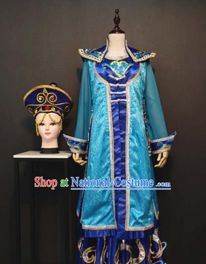 Custom China Mongolian Ethnic Folk Dance Clothing Traditional Minority Costumes Mongol Nationality Festival Blue Dress and Hat