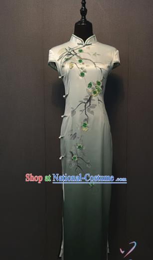 Custom Shanghai Women Clothing Republic of China Traditional Silk Cheongsam Classical Embroidered Plum Blossom Light Green Qipao Dress