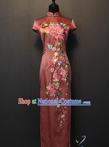 Custom China Traditional Embroidered Peony Pink Silk Qipao Dress Shanghai Compere Clothing Classical Cheongsam