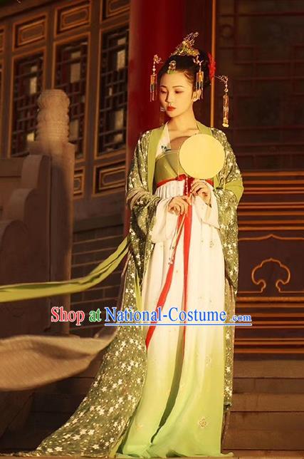 Chinese Ancient Goddess Costumes Traditional Tang Dynasty Princess Light Green Chiffon Hanfu Dress Apparels and Hair Accessories