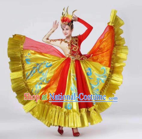 China Spring Festival Gala Dance Golden Dress Traditional Dance Costume Folk Dance Performance Clothing and Headwear