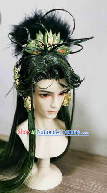 Handmade China Cosplay Royal Prince Wigs Ancient Swordsman BJD Noble Duke Kai Xuan Green Wig Sheath and Hair Accessories