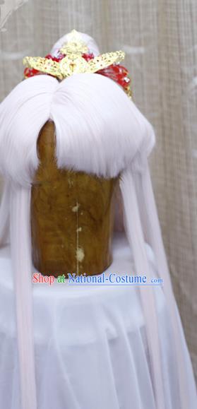 Cosplay Swordsman Ying Chuixue White Wig Sheath Handmade China Ancient Taoist Chivalrous Male Wigs and Hair Crown