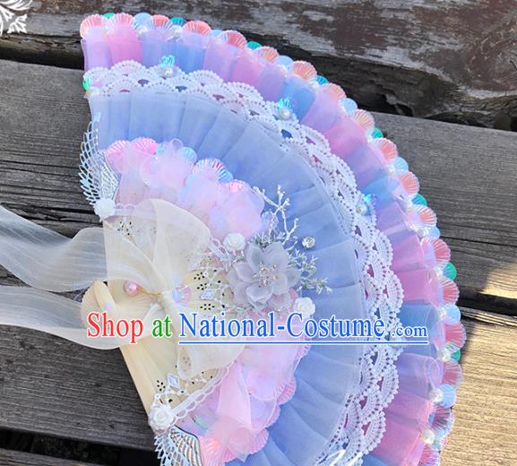 Handmade Wedding Blue Silk Folding Fans Wood Accordion Classical Bride Fan