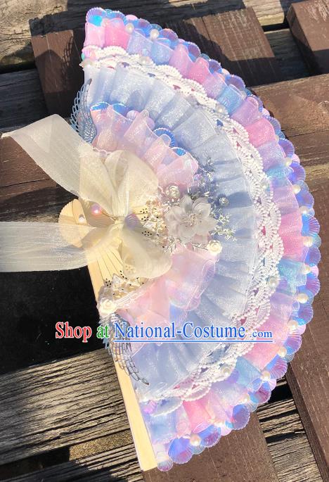 Handmade Wedding Blue Silk Folding Fans Wood Accordion Classical Bride Fan