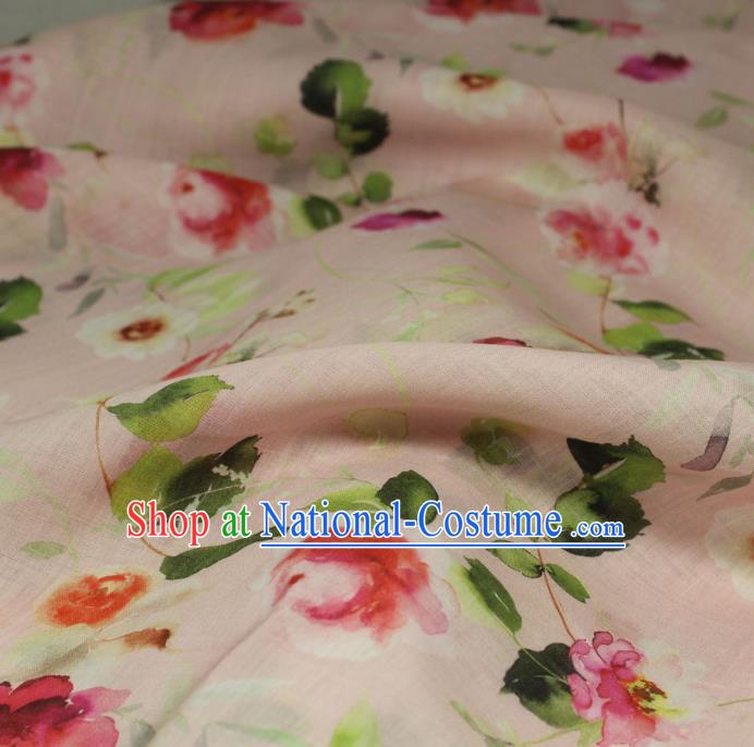 Chinese Printing Flowers Petal Pattern Ramine Fabric Traditional Linen Drapery Asian Qipao Dress Light Pink Flax Cloth