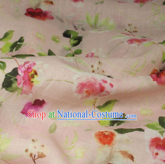 Chinese Printing Flowers Petal Pattern Ramine Fabric Traditional Linen Drapery Asian Qipao Dress Light Pink Flax Cloth