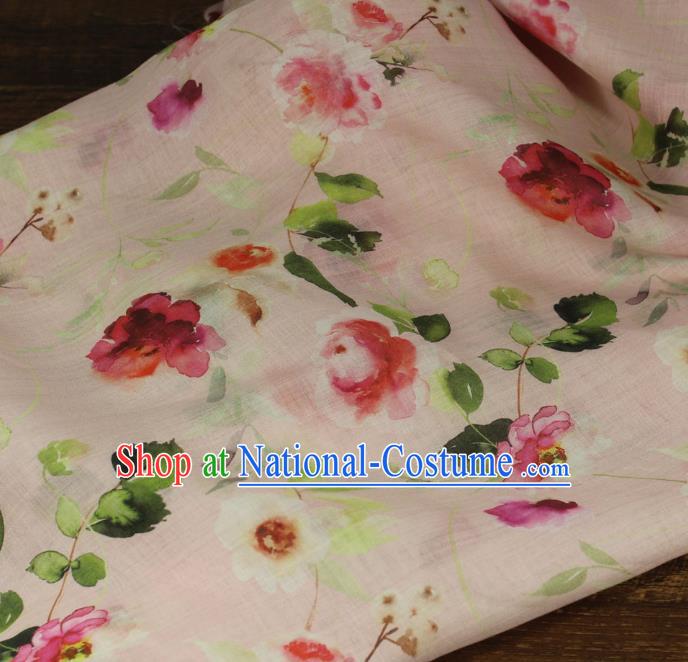 Chinese Printing Flowers Petal Pattern Ramine Fabric Traditional Linen Drapery Asian Qipao Dress Light Pink Flax Cloth