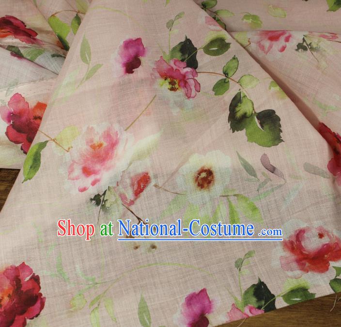 Chinese Printing Flowers Petal Pattern Ramine Fabric Traditional Linen Drapery Asian Qipao Dress Light Pink Flax Cloth