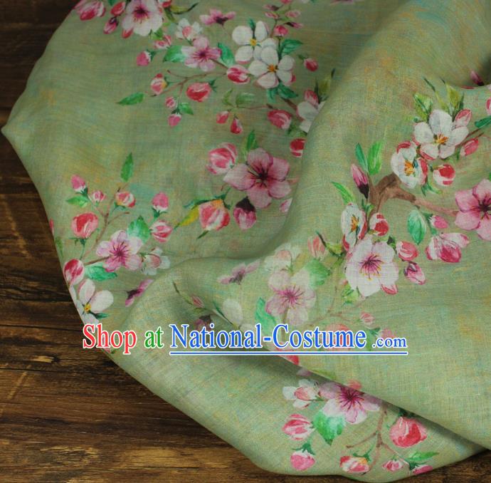 Chinese Light Green Flax Cloth Asian Qipao Dress Linen Drapery Traditional Printing Peach Flowers Pattern Ramine Fabric