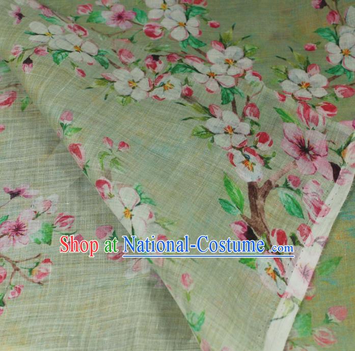 Chinese Light Green Flax Cloth Asian Qipao Dress Linen Drapery Traditional Printing Peach Flowers Pattern Ramine Fabric