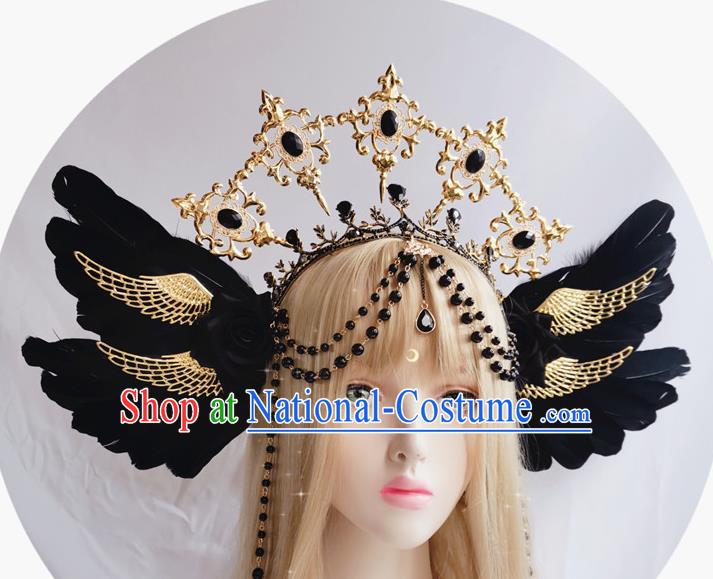 Handmade Cosplay Black Angel Feather Hair Accessories Halloween Stage Show Headwear Aureole and Royal Crown