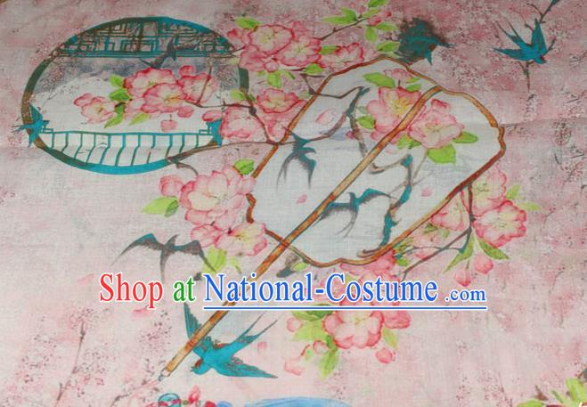 Chinese Printing Peach Blossom Fan Pattern Flax Fabric Traditional Asian Linen Drapery Qipao Dress Pink Ramine Cloth