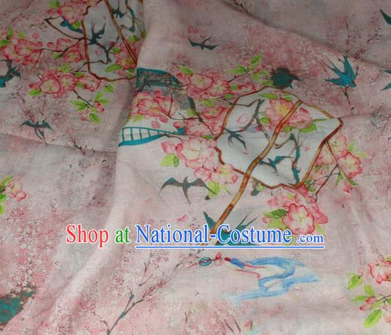 Chinese Printing Peach Blossom Fan Pattern Flax Fabric Traditional Asian Linen Drapery Qipao Dress Pink Ramine Cloth