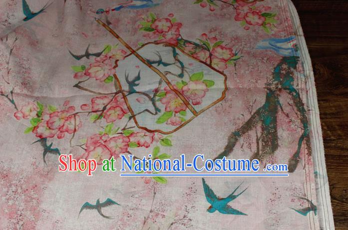 Chinese Printing Peach Blossom Fan Pattern Flax Fabric Traditional Asian Linen Drapery Qipao Dress Pink Ramine Cloth