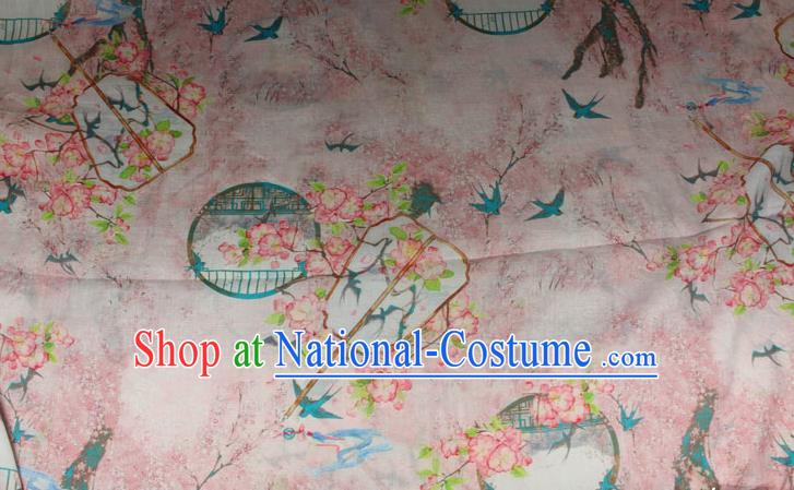 Chinese Printing Peach Blossom Fan Pattern Flax Fabric Traditional Asian Linen Drapery Qipao Dress Pink Ramine Cloth