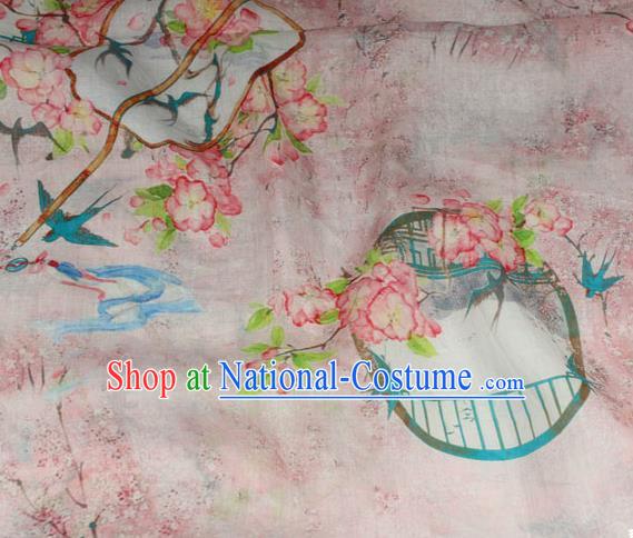 Chinese Printing Peach Blossom Fan Pattern Flax Fabric Traditional Asian Linen Drapery Qipao Dress Pink Ramine Cloth