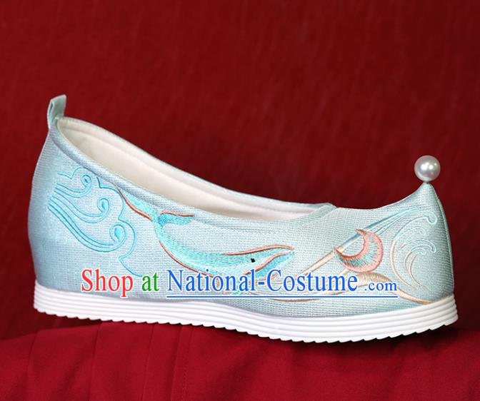 China Light Blue Cloth Shoes Hanfu Shoes Embroidered Whale Shoes Princess Shoes Handmade Bow Shoes