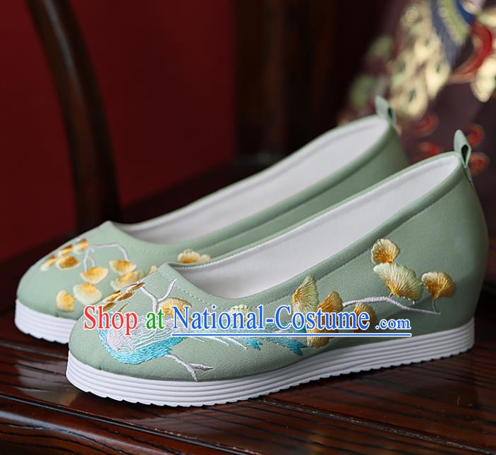 China Handmade Green Cloth Shoes Princess Shoes Hanfu Shoes Embroidered Ginkgo Bird Shoes