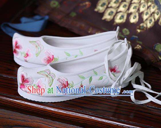 China White Cloth Shoes Handmade Bow Shoes Princess Shoes Hanfu Shoes Embroidered Butterfly Flowers Shoes