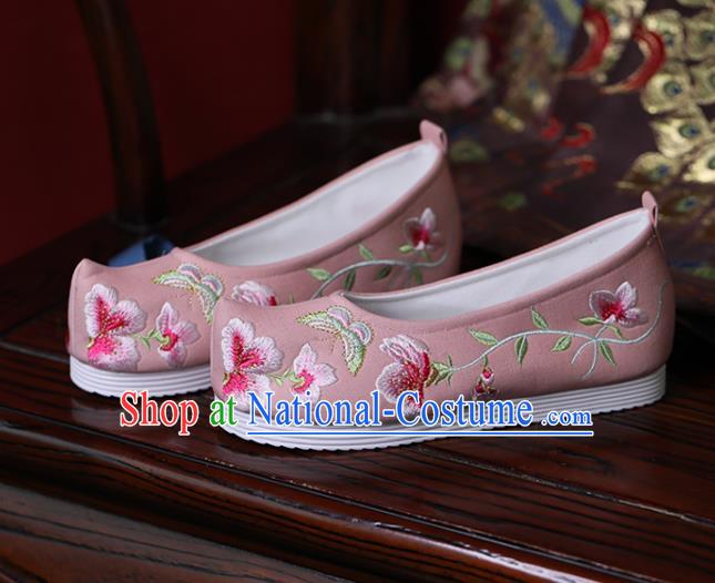 China Handmade Bow Shoes Princess Shoes Hanfu Shoes Embroidered Butterfly Flowers Shoes Pink Cloth Shoes