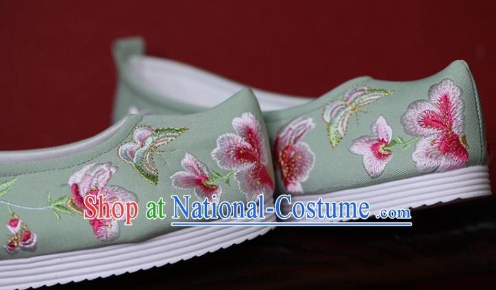 China Hanfu Shoes Princess Shoes Embroidered Butterfly Flowers Shoes Green Cloth Shoes Handmade Bow Shoes