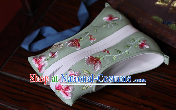 China Hanfu Shoes Princess Shoes Embroidered Butterfly Flowers Shoes Green Cloth Shoes Handmade Bow Shoes