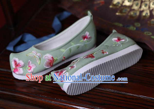 China Hanfu Shoes Princess Shoes Embroidered Butterfly Flowers Shoes Green Cloth Shoes Handmade Bow Shoes