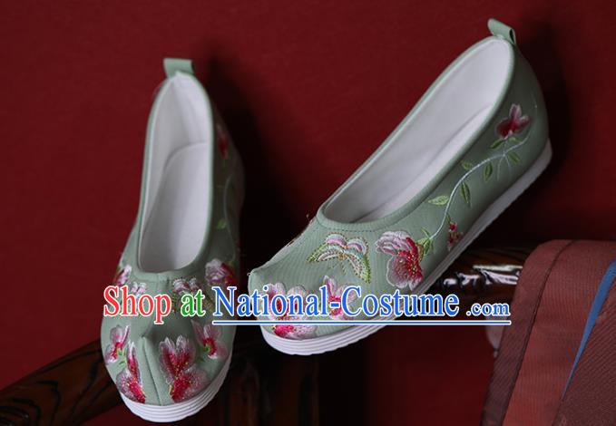 China Hanfu Shoes Princess Shoes Embroidered Butterfly Flowers Shoes Green Cloth Shoes Handmade Bow Shoes