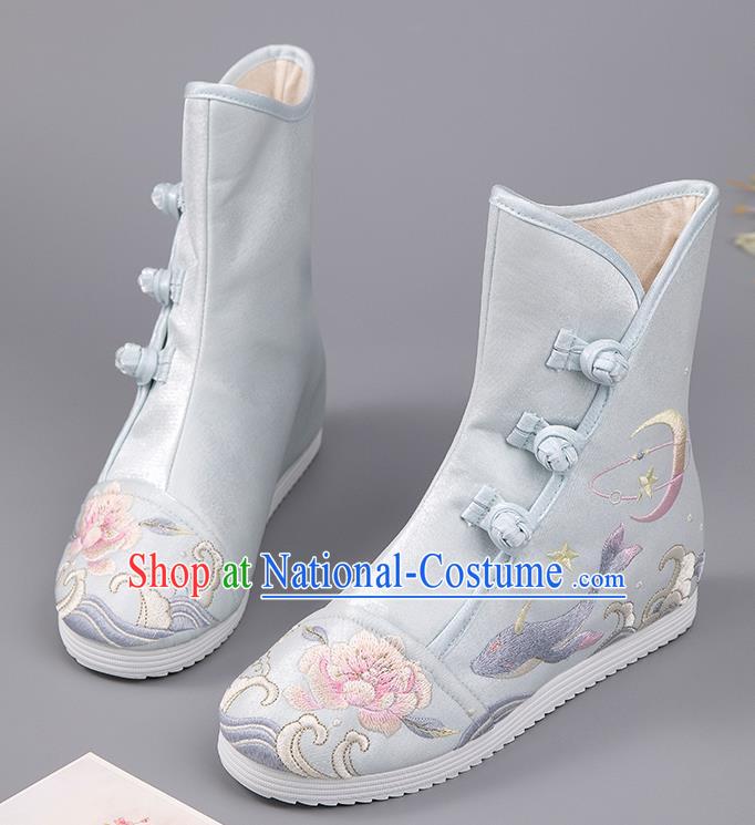 Chinese Ancient Ming Dynasty Swordsman Blue Boots Embroidered Peony Shoes Cloth Shoes for Women