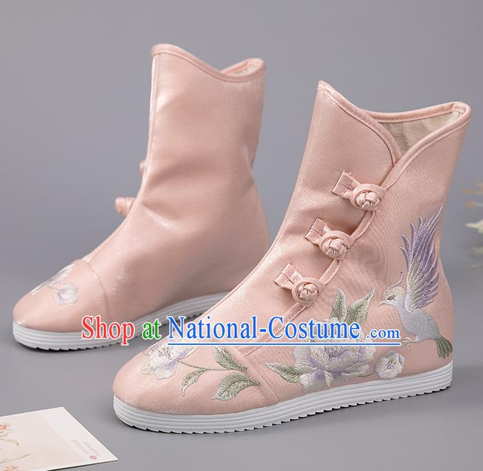 Chinese Embroidered Peony Bird Boots Ancient Pink Hanfu Shoes Handmade Cloth Shoes