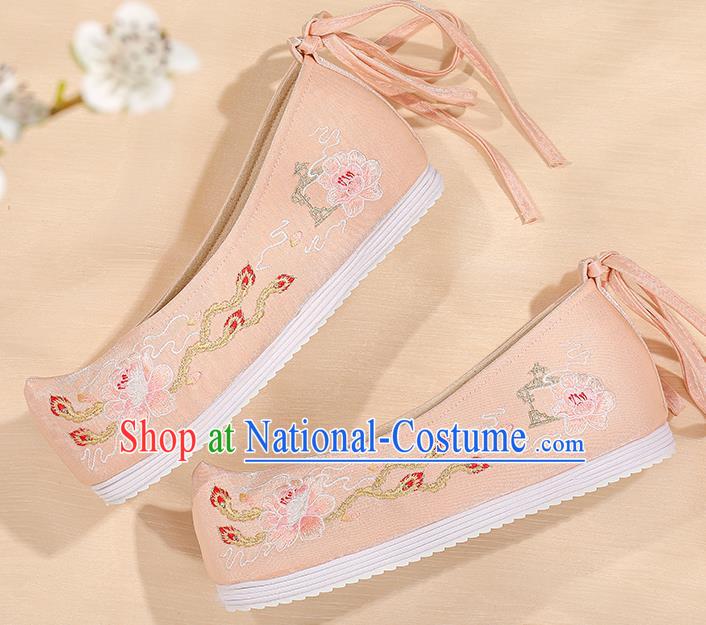 China Ming Dynasty Princess Shoes Embroidered Peony Shoes Female Shoes Hanfu Shoes Handmade Pink Cloth Shoes