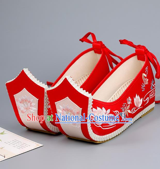 China Traditional Wedding Hanfu Shoes Cloth Shoes Embroidered Lotus Shoes Princess Shoes Han Dynasty Red Shoes