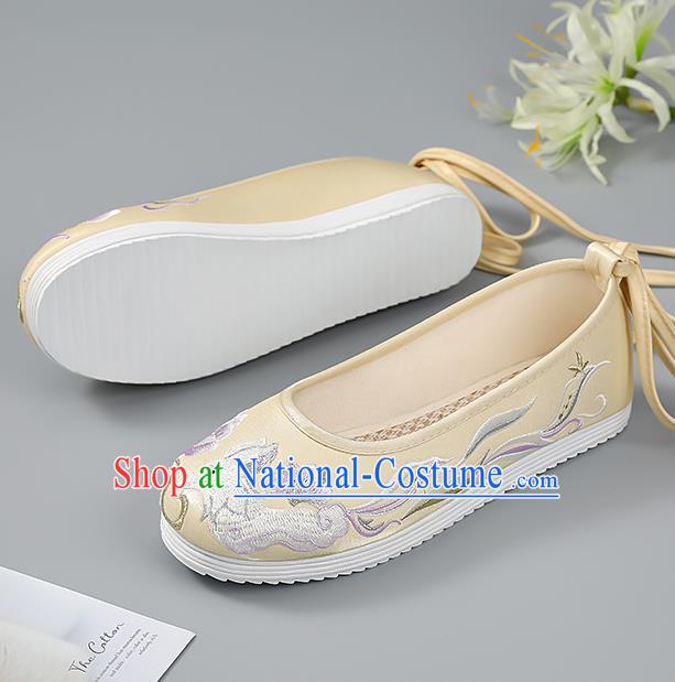 China Light Yellow Embroidered Shoes Princess Shoes Traditional Hanfu Shoes Handmade Cloth Shoes Ancient Shoes