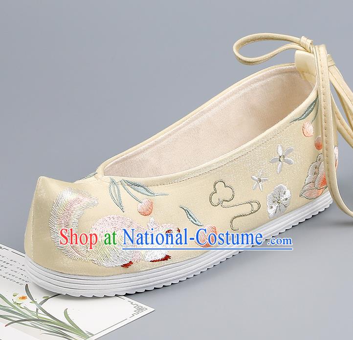 China Yellow Bow Shoes Traditional Hanfu Shoes Handmade Cloth Shoes Ancient Princess Embroidered Squirrel Shoes