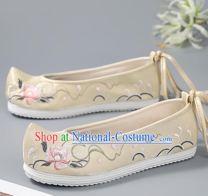 China Handmade Light Yellow Cloth Shoes Ancient Princess Bow Shoes Traditional Embroidered Shoes Hanfu Shoes