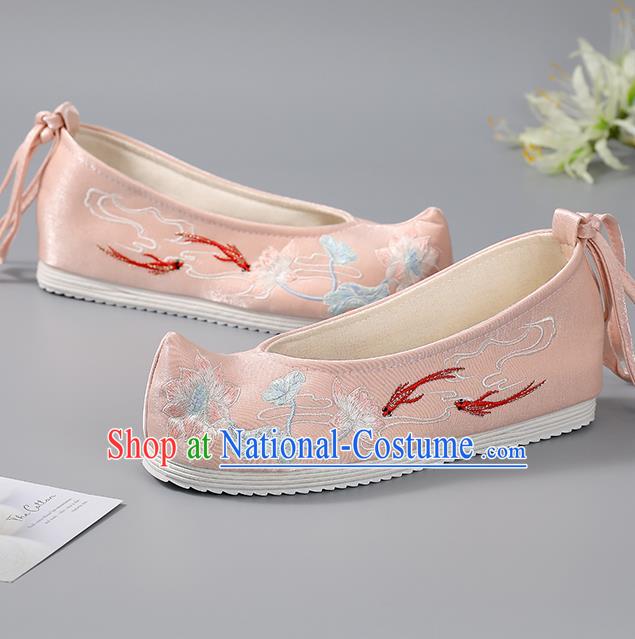 China Traditional Women Shoes Embroidered Lotus Fishes Shoes Hanfu Shoes Ancient Princess Shoes Handmade Pink Cloth Shoes