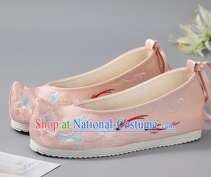 China Traditional Women Shoes Embroidered Lotus Fishes Shoes Hanfu Shoes Ancient Princess Shoes Handmade Pink Cloth Shoes